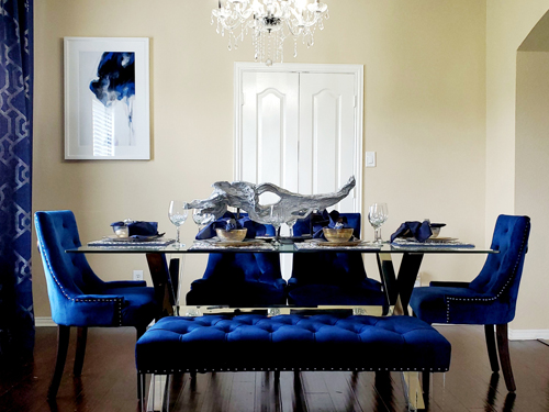 home dining room with blue chairs